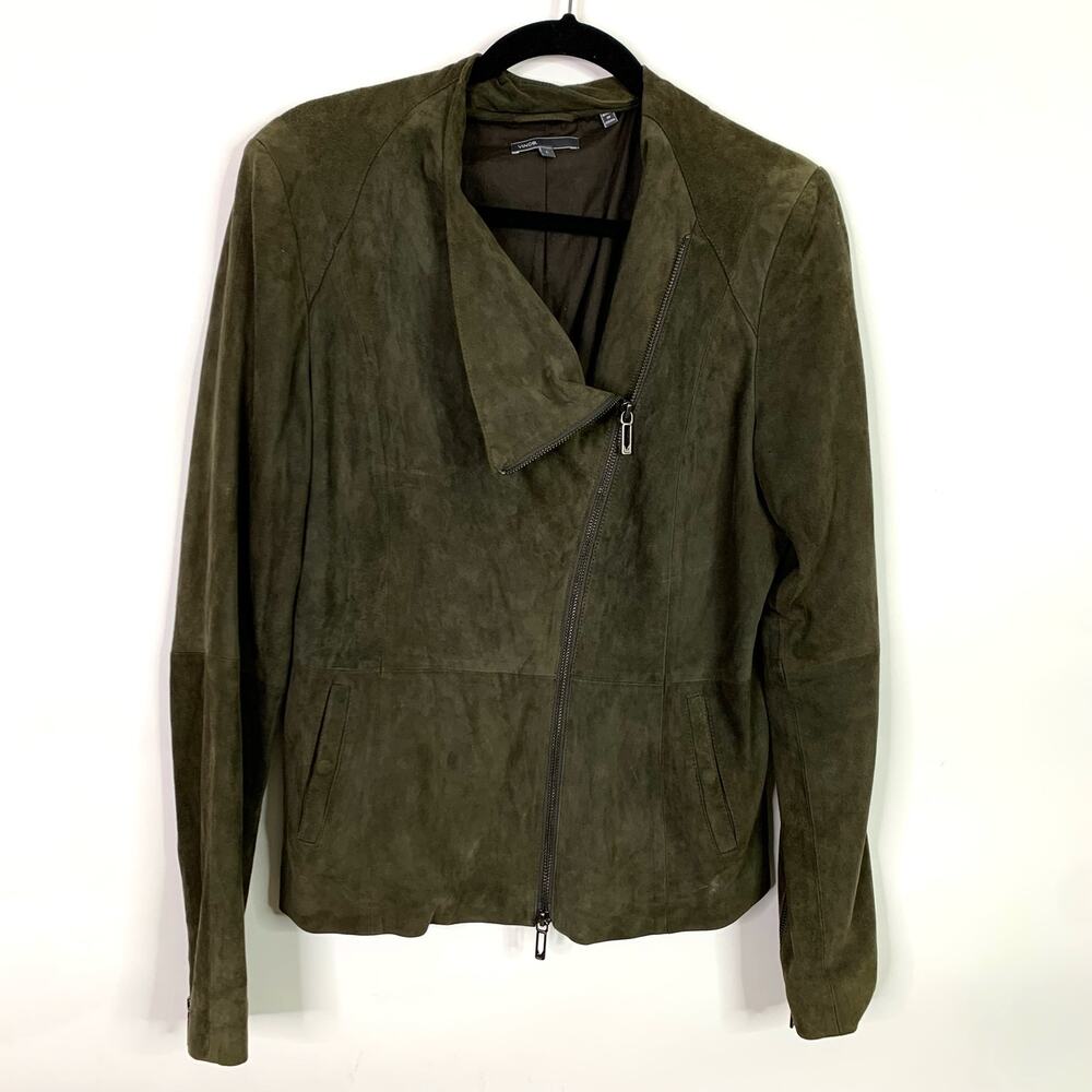 Vince Suede Leather Jacket Large Asymmetric Zip Snap Pocket Moto Green Draped